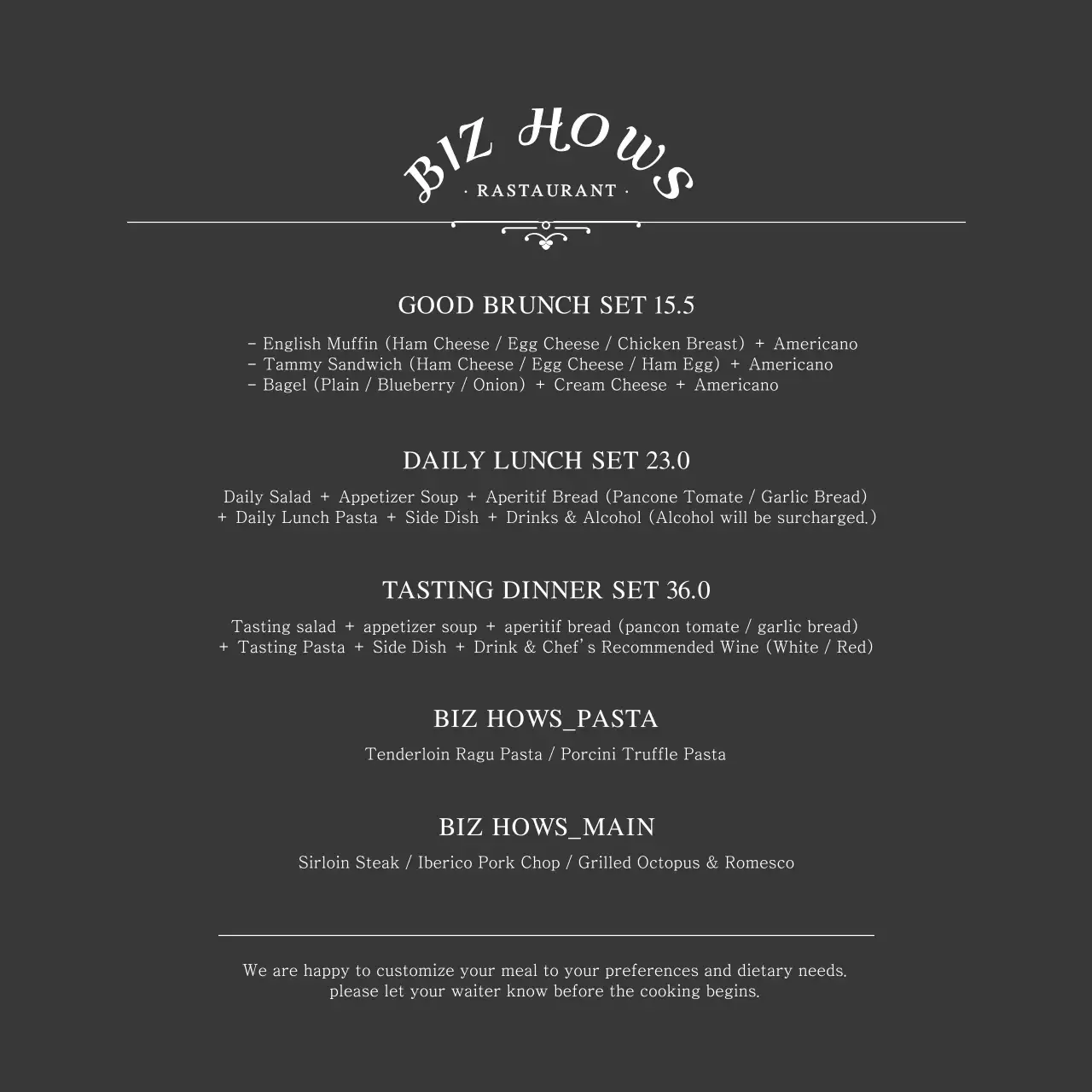 Restoran berkonsep sederhana dengan warna hitam dan putihKomposisi menu dan harga