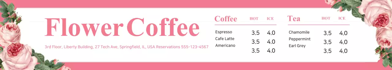 Banner de menu de café floral rosa
