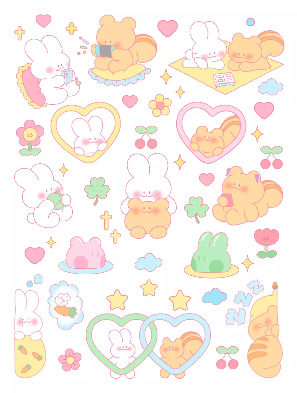 Cute squirrels and bunnies go about their daily routine in bright pastel colors.