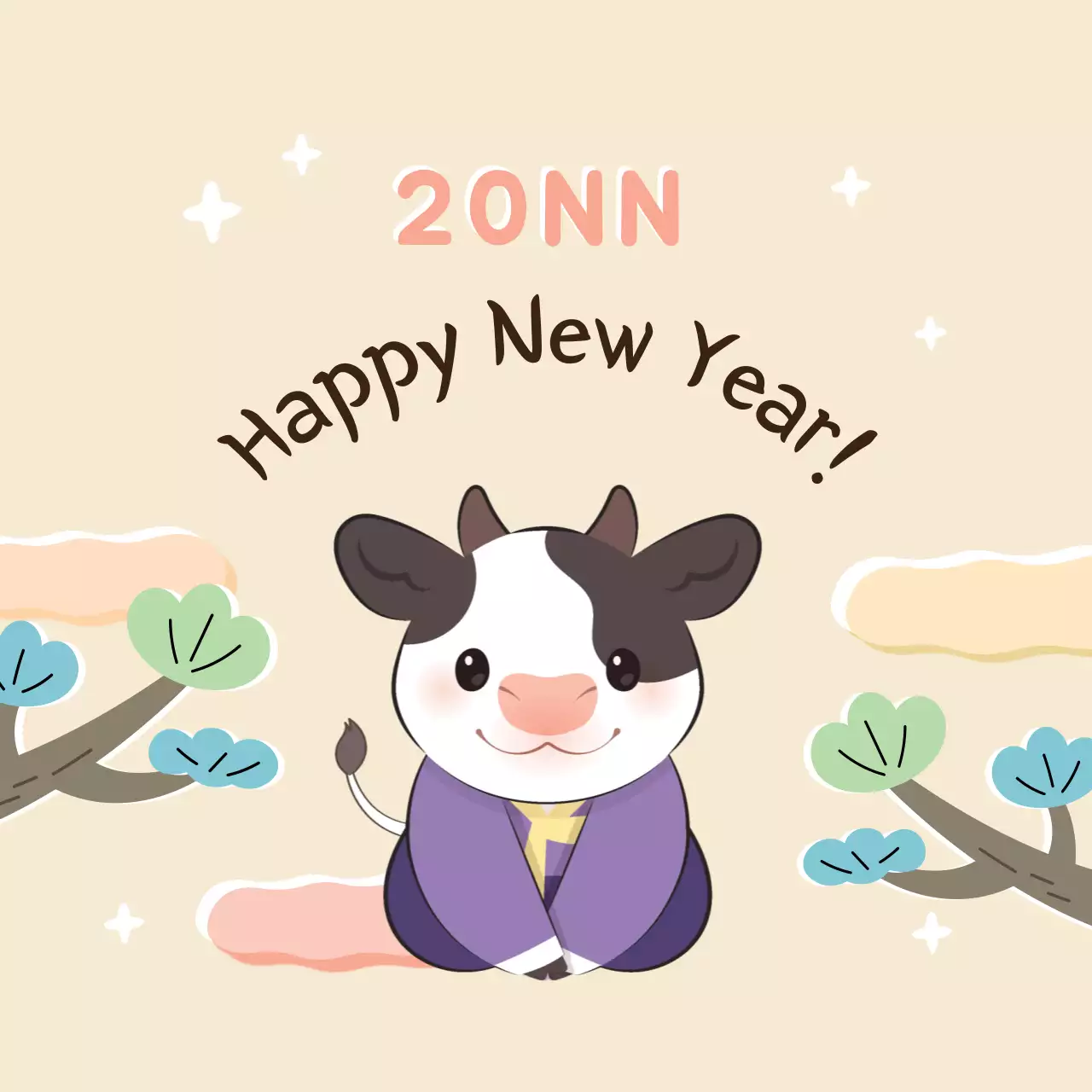 Màu hồng tím minh họa nhãn chúc mừng năm mới dễ thương