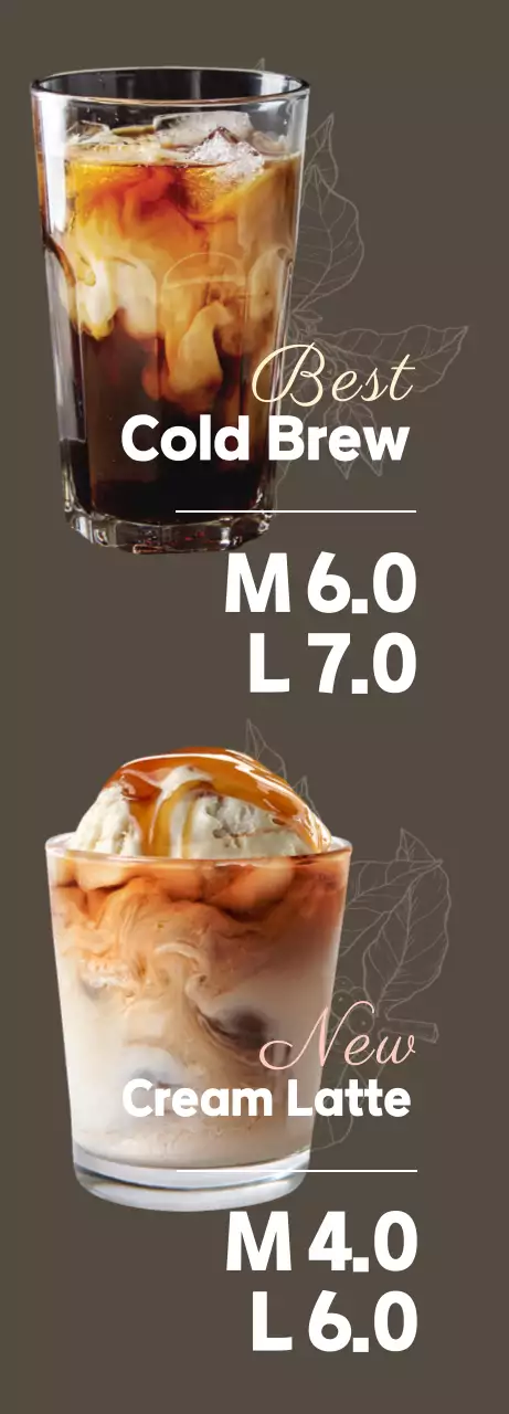 A monochromatic cafe banner with a caramel latte and cold brew in an atmospheric design on a dark background.