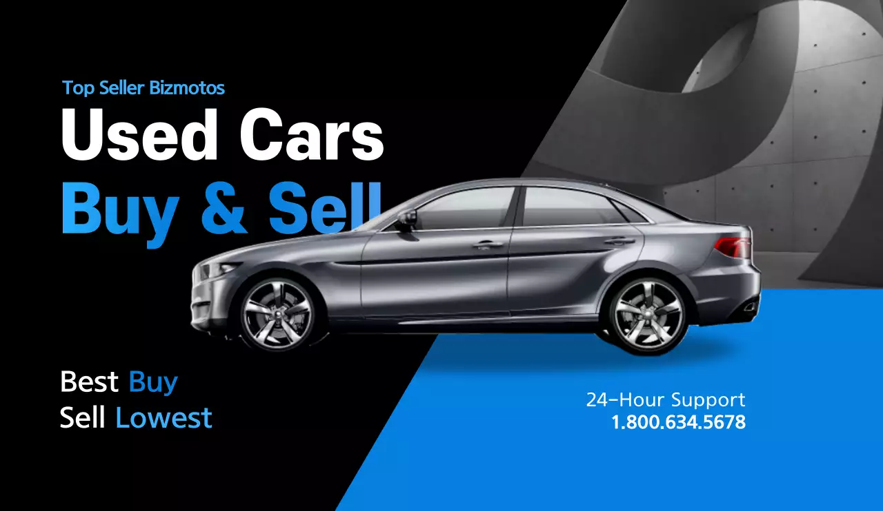 Desain promosi mobil bekas yang bersih dalam skema warna biru yang ramping