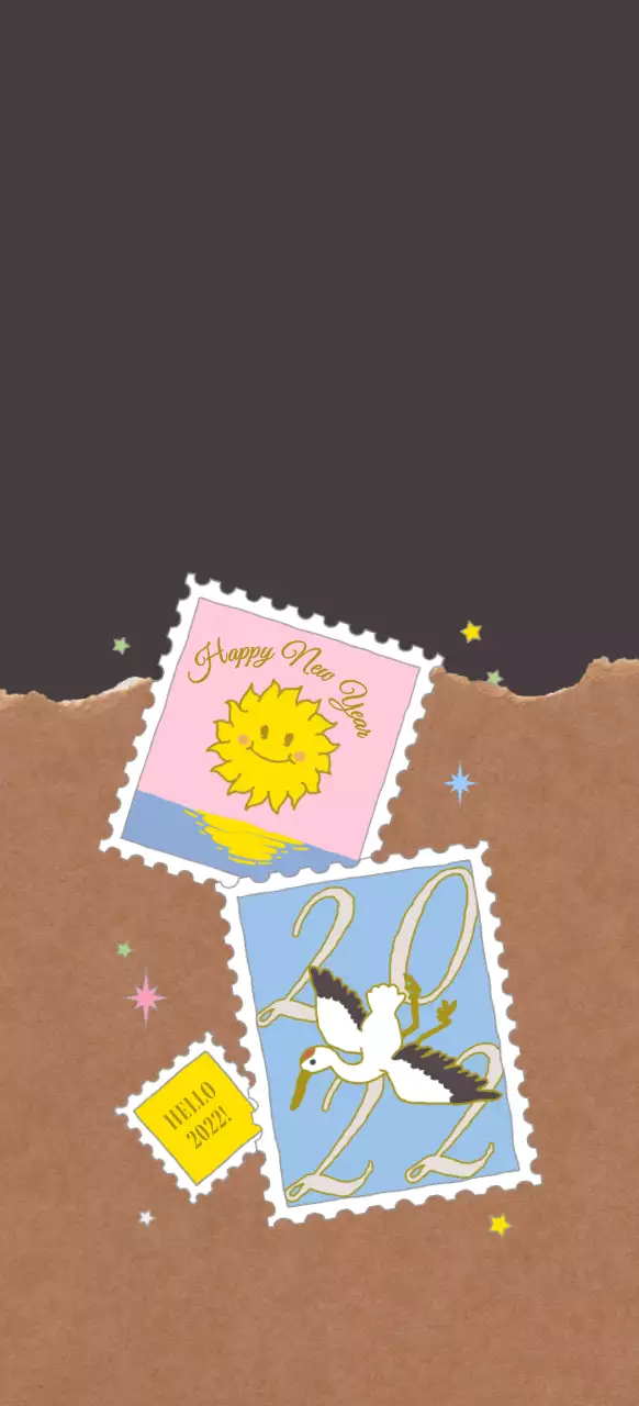 Cute illustration style in pink and light blue brown New Year's stamp collage for personalized gifts.