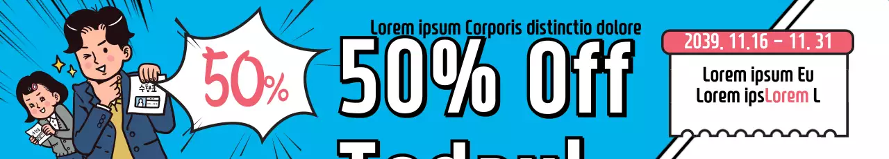 Banner promocional de desconto em quadrinhos azuis