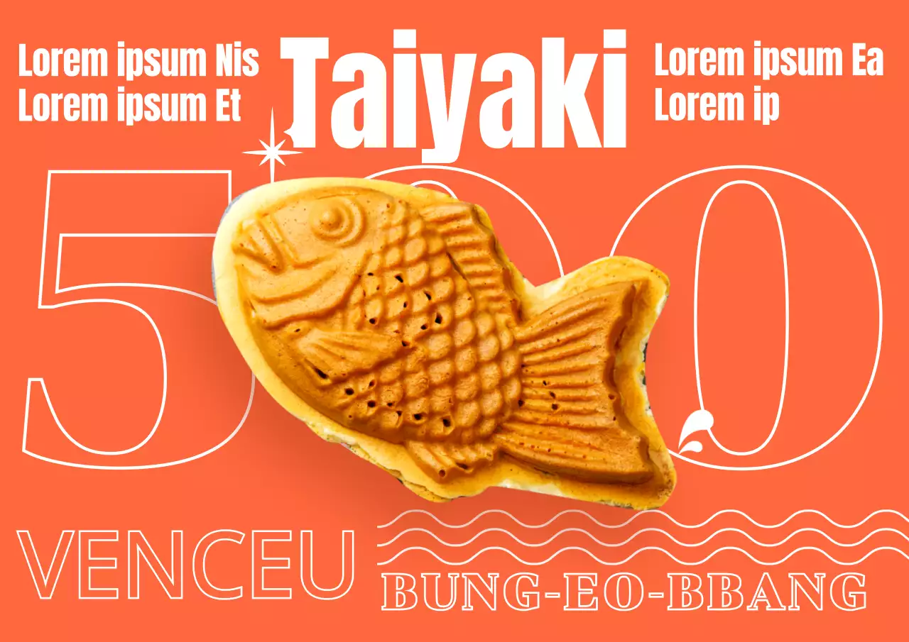 Um cartaz de comida de rua com tipografia e uma fotografia de taiyaki em laranja primário.