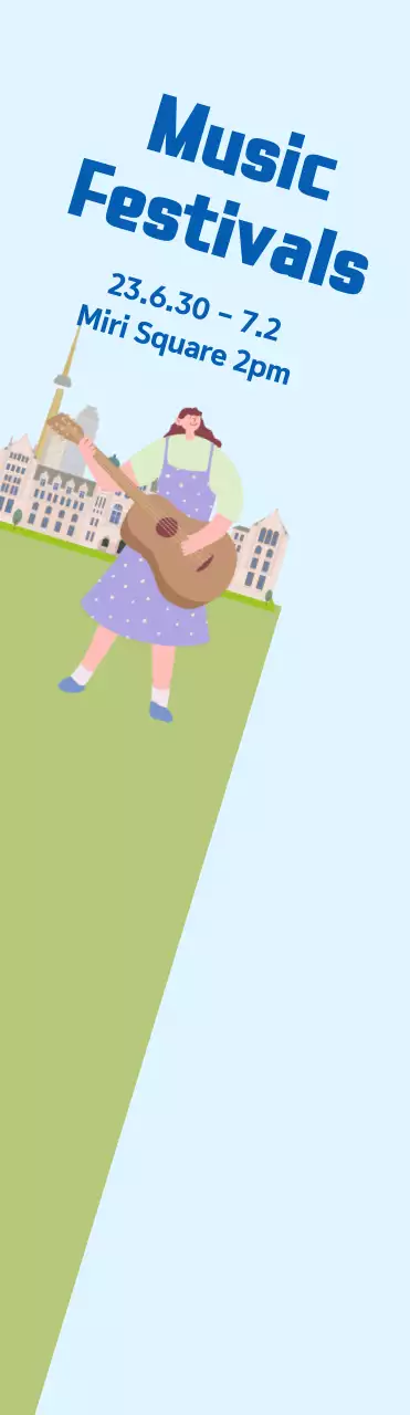 Promosi festival musik besar dengan latar belakang rumput hijau dan biru muda