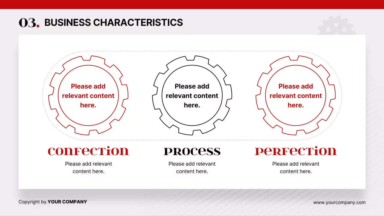 레드 화이트 톱니바퀴 테마의 심플하고 세련된 다이어그램 위주의 제안서
