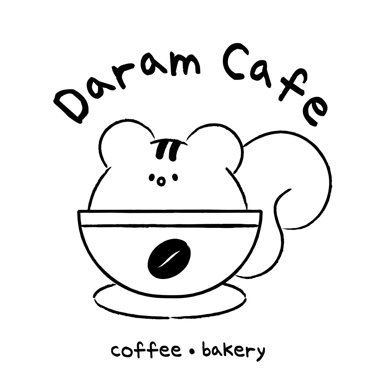 Cafe merchandise with a simple, cute squirrel illustration in black.