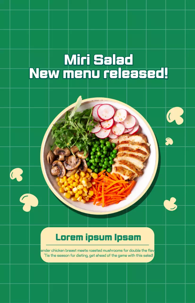 Promover um novo menu de saladas com um fundo verde axadrezado