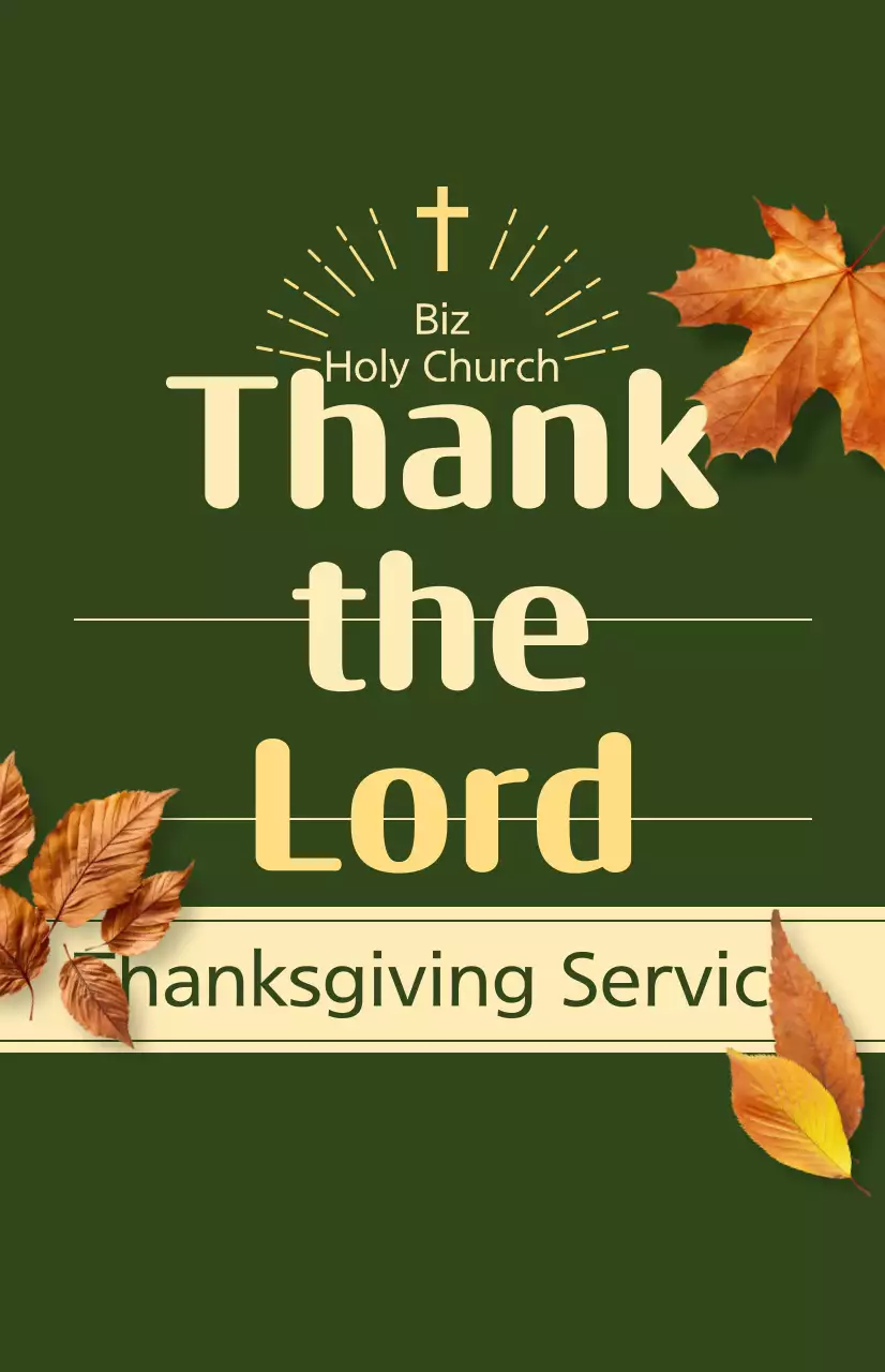 Promoção de uma cerimónia de outono de uma igreja com texto relacionado com o Dia de Ação de Graças e uma ilustração fotográfica de folhas a cair.