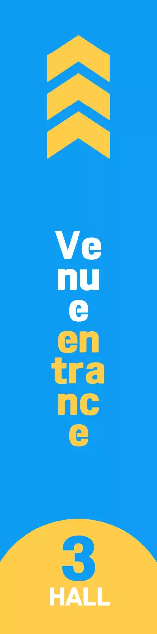 Desain yang bersih dengan warna kuning dan biru untuk memandu lokasi pintu masuk venue