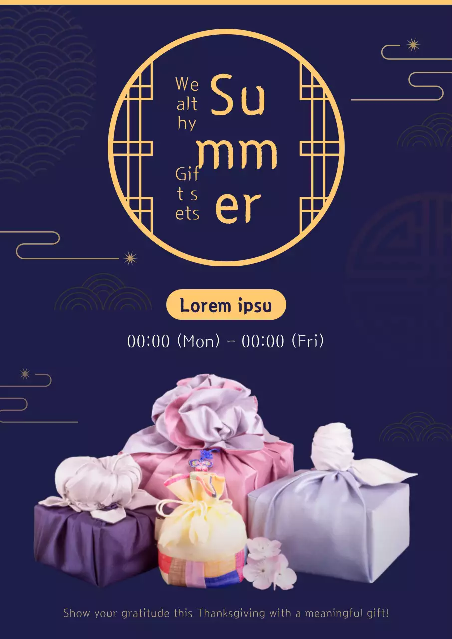 Latar belakang biru tua yang mewah dan bersih dengan ilustrasi pola tradisional dan gambar furoshiki untuk set kado Obon ini.