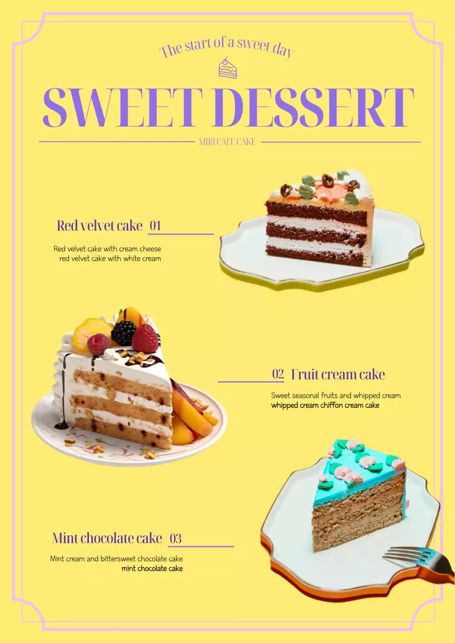 Menu kafe pencuci mulut yang sensual dengan latar belakang kuning cerah dan aksen warna ungu.