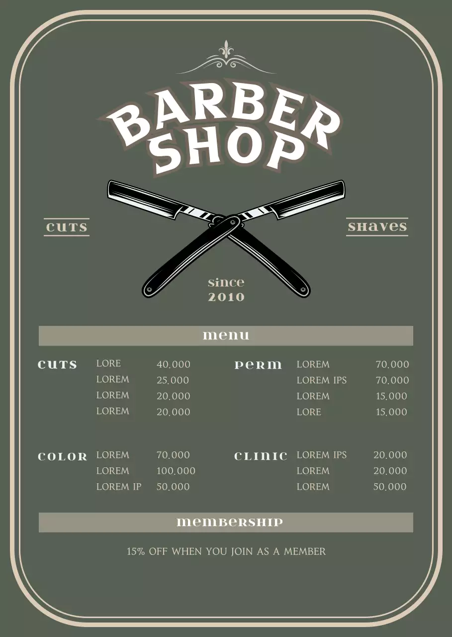 Giá đỡ acrylic phong cách cổ điển màu xanh lá cây cho bảng menu tiệm cắt tóc