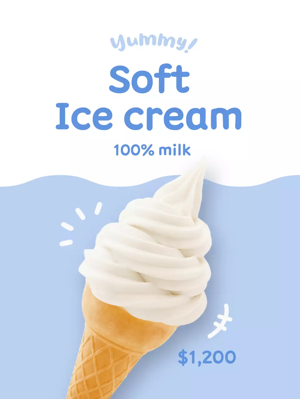 Mempromosikan menu yang terlihat bersih dan imut dengan es krim putih dengan latar belakang biru muda