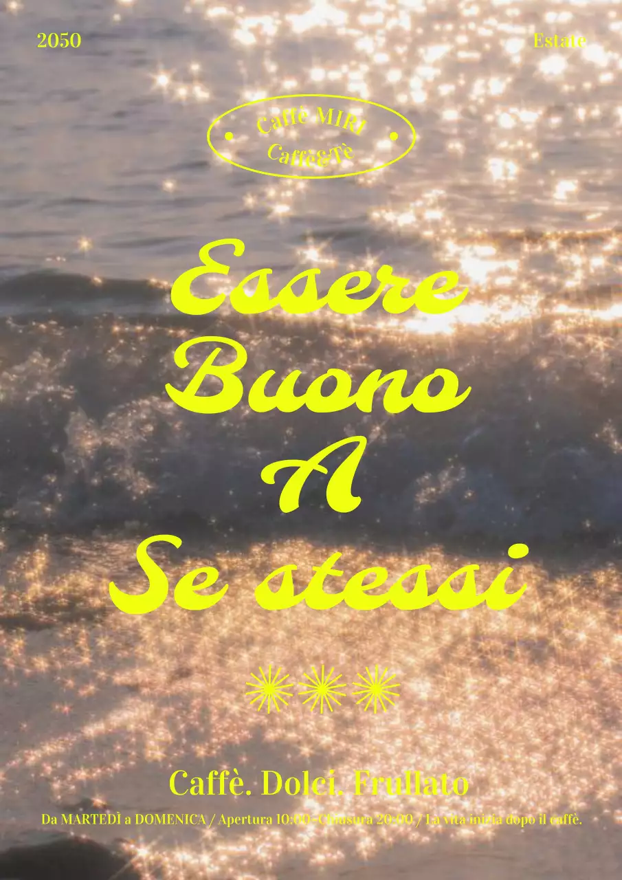 Semplice poster promozionale di un caffè con sfondo marino e testo giallo