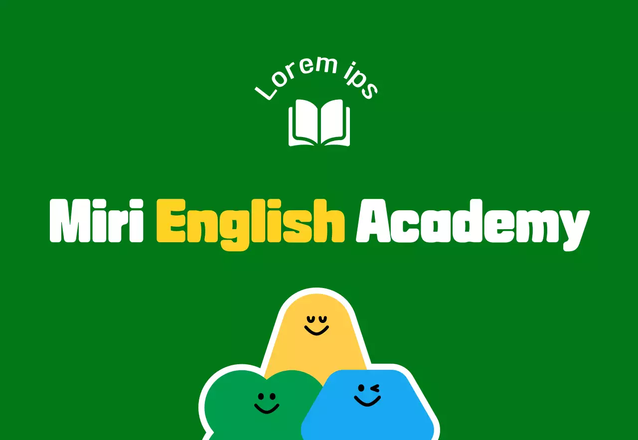 For promoting an elementary school English language school with cute green and yellow shaped character illustrations.