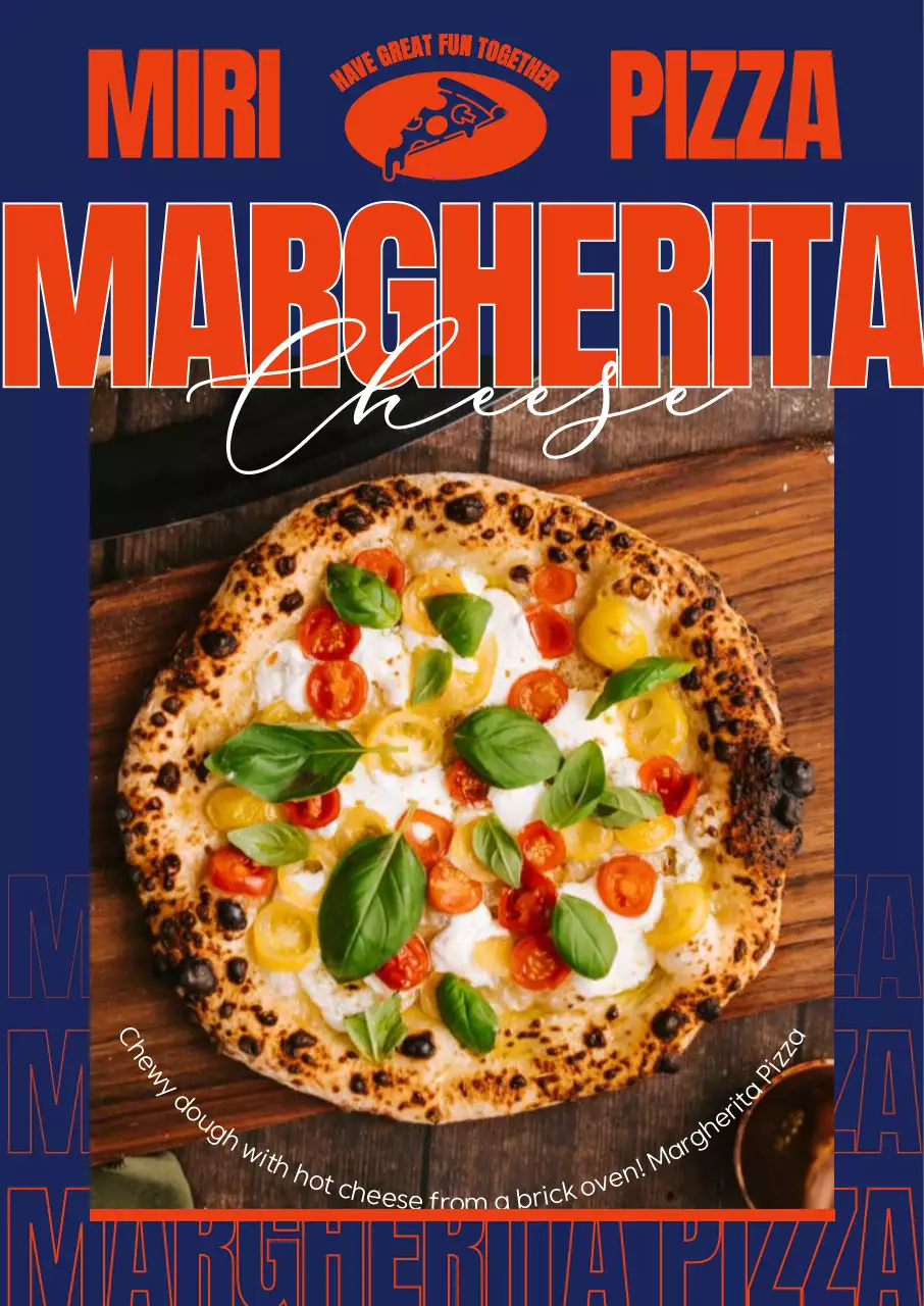A pizza menu with a crisp navy background and a dynamic, bold orange font layout.
