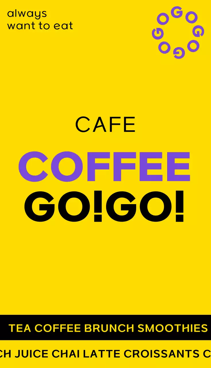 Papan nama sederhana untuk sebuah kafe dengan teks dan bentuk berwarna kuning, hitam dan ungu untuk kafe kopi go-go.