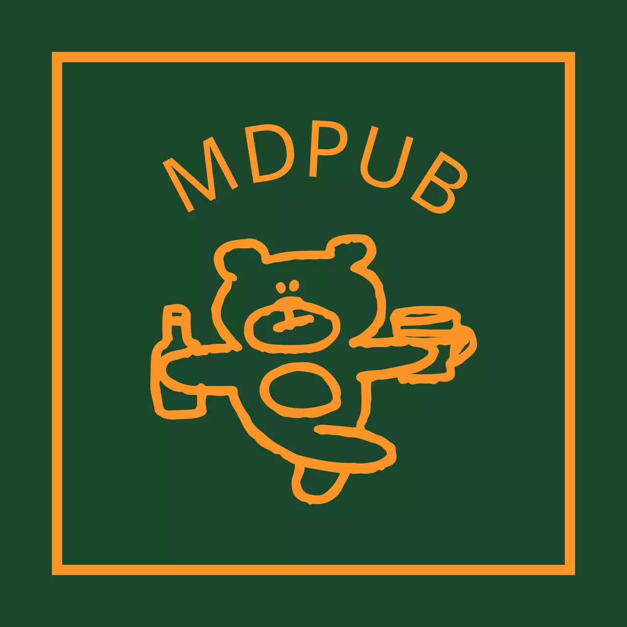 A green pub bunting with a yellow border featuring a teddy bear holding a bottle of booze.