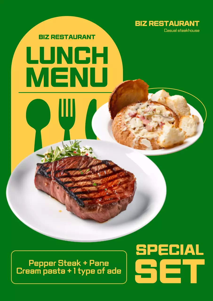 Memperkenalkan menu bentuk yang bersih dan menonjol dengan latar belakang kuning kehijauan