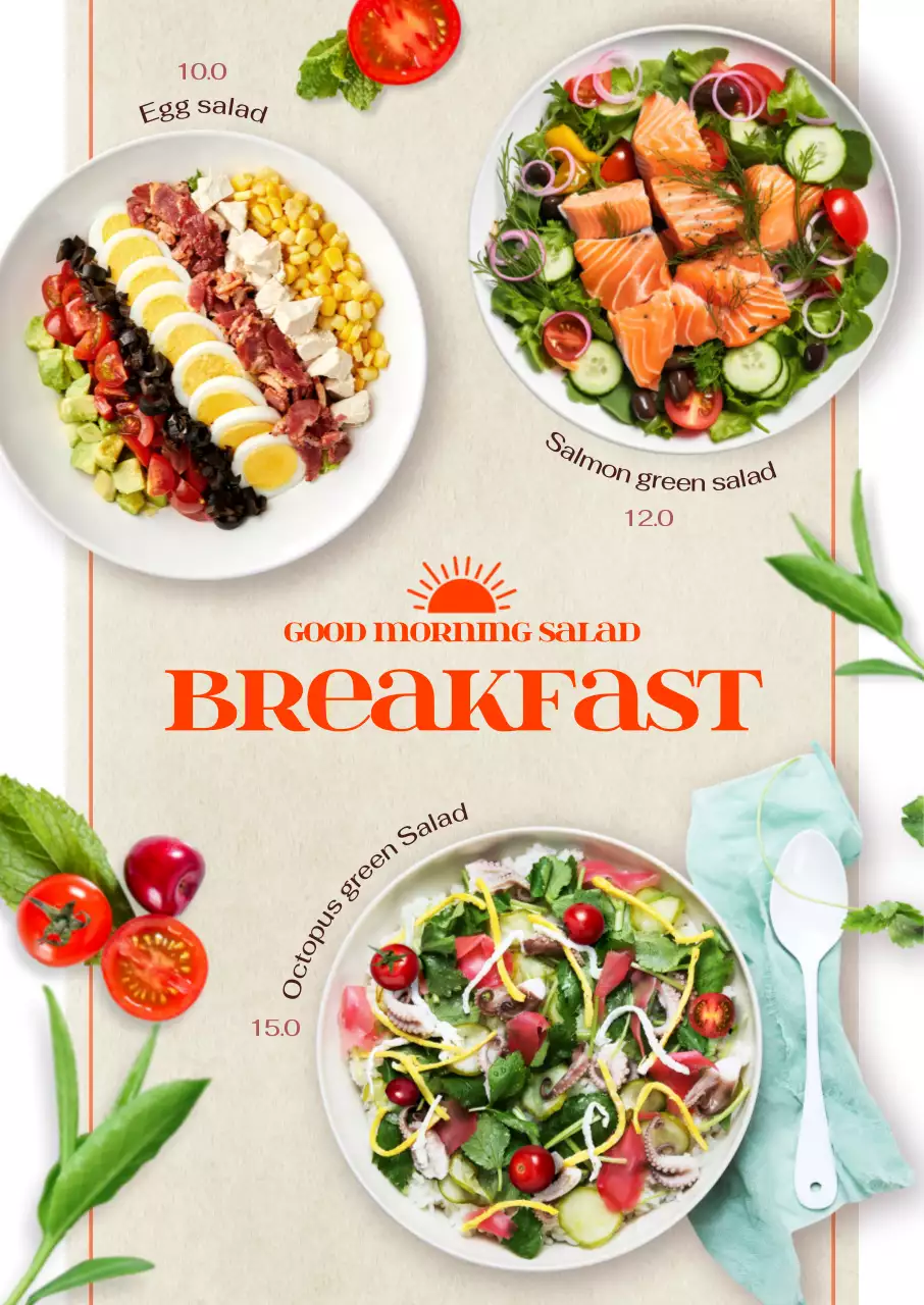 Healthy brunch menus illustrated with photos of fresh, natural veggie fruit salads