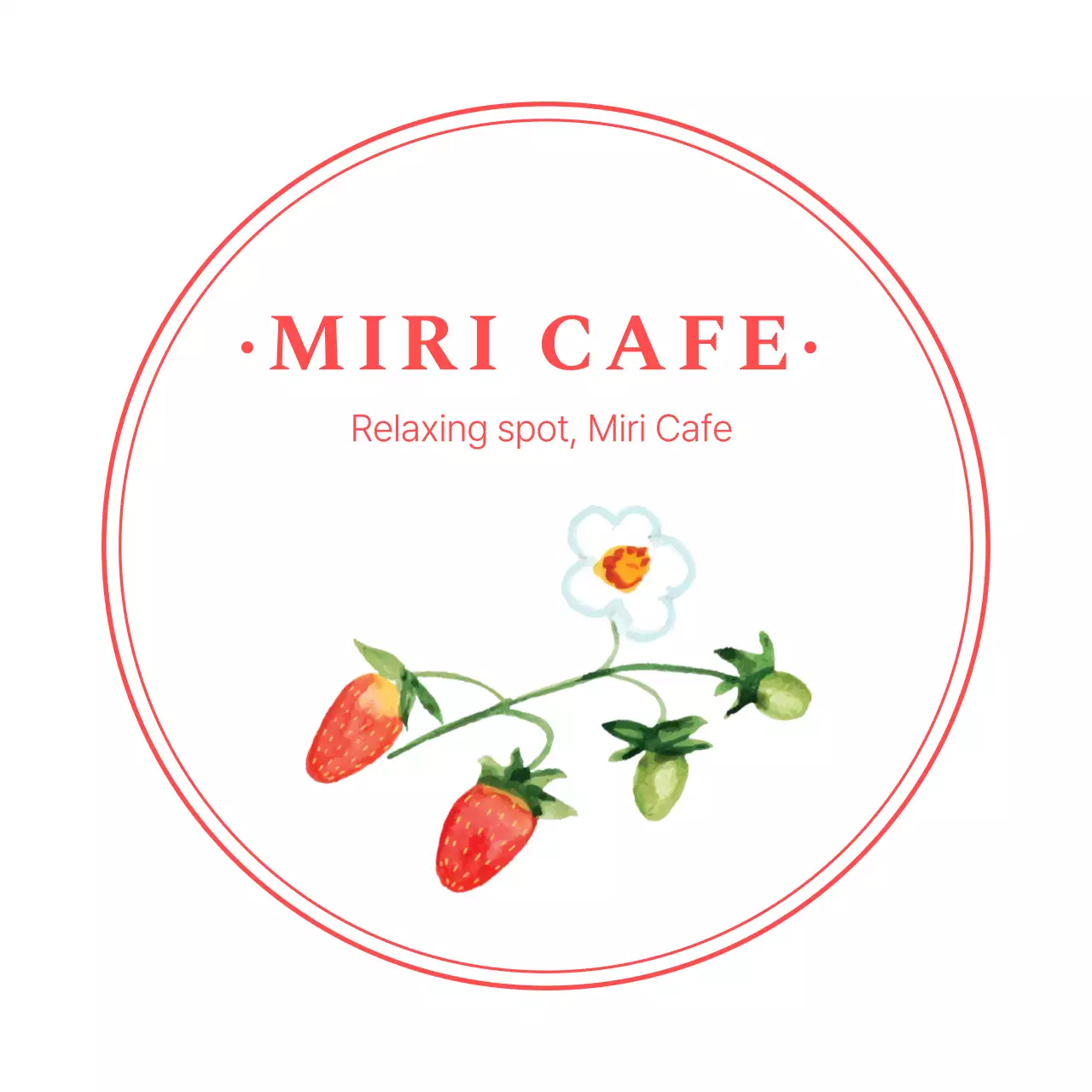 Stiker kafe dengan lingkaran pada latar belakang putih dengan gambar stroberi dengan garis-garis merah menggunakan cat air