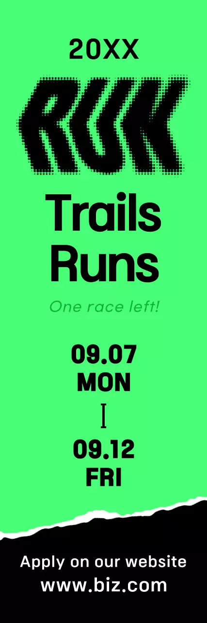 Uma ousada faixa promocional da maratona com texto e ilustrações em verde vivo, preto e branco sobre a corrida.