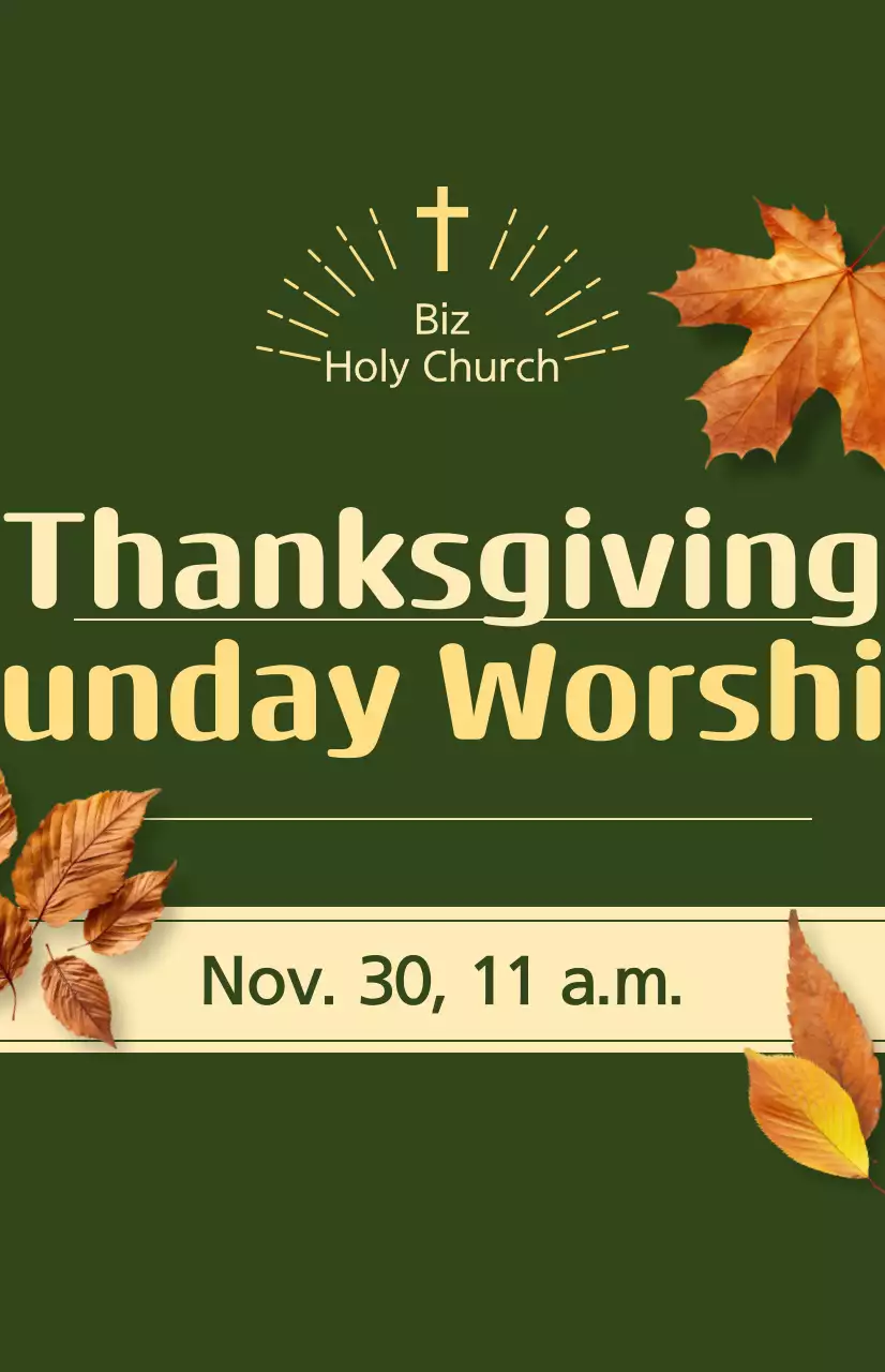 Promoção de uma cerimónia de outono de uma igreja com texto relacionado com o Dia de Ação de Graças e uma ilustração fotográfica de folhas a cair.