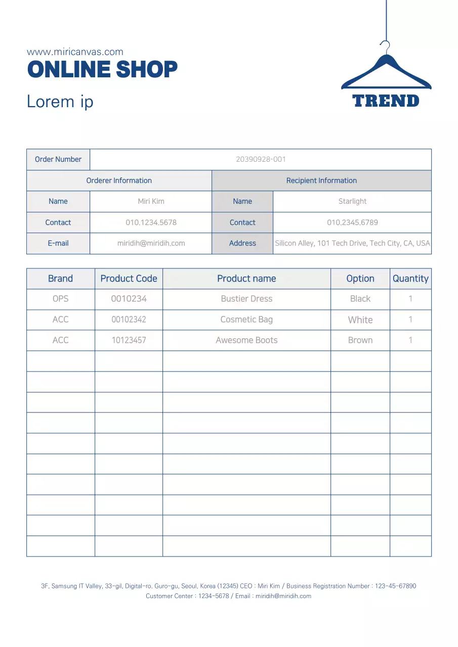 Tài liệu đặt hàng trực tuyến đơn giản màu xanh