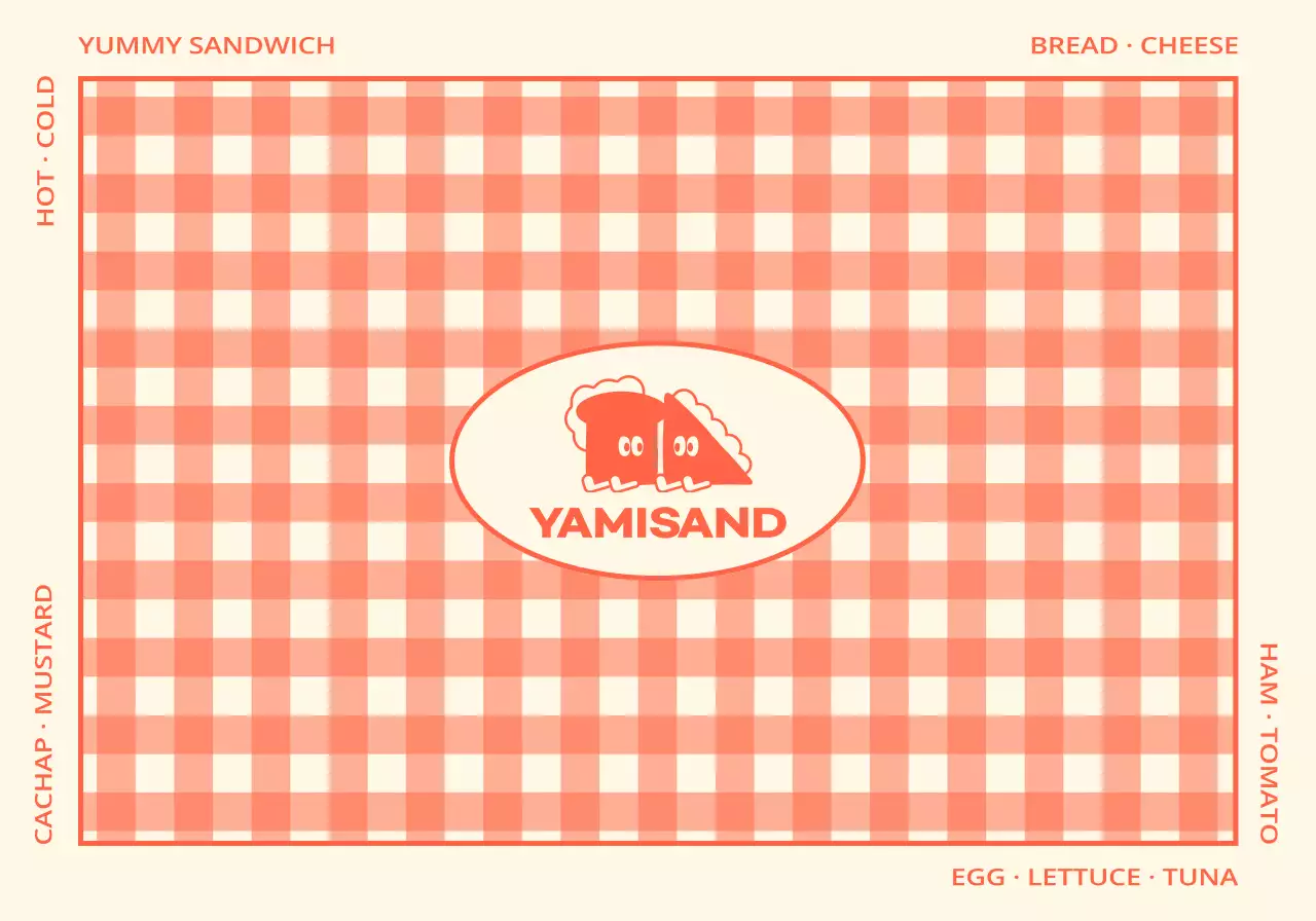 Sandwich shop merchandise with a red and yellow check pattern and a fold-out pocket with a cute character.