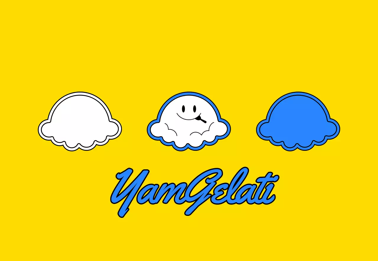 Promote a cute concept gelato shop with yellow and blue ice cream character illustrations.