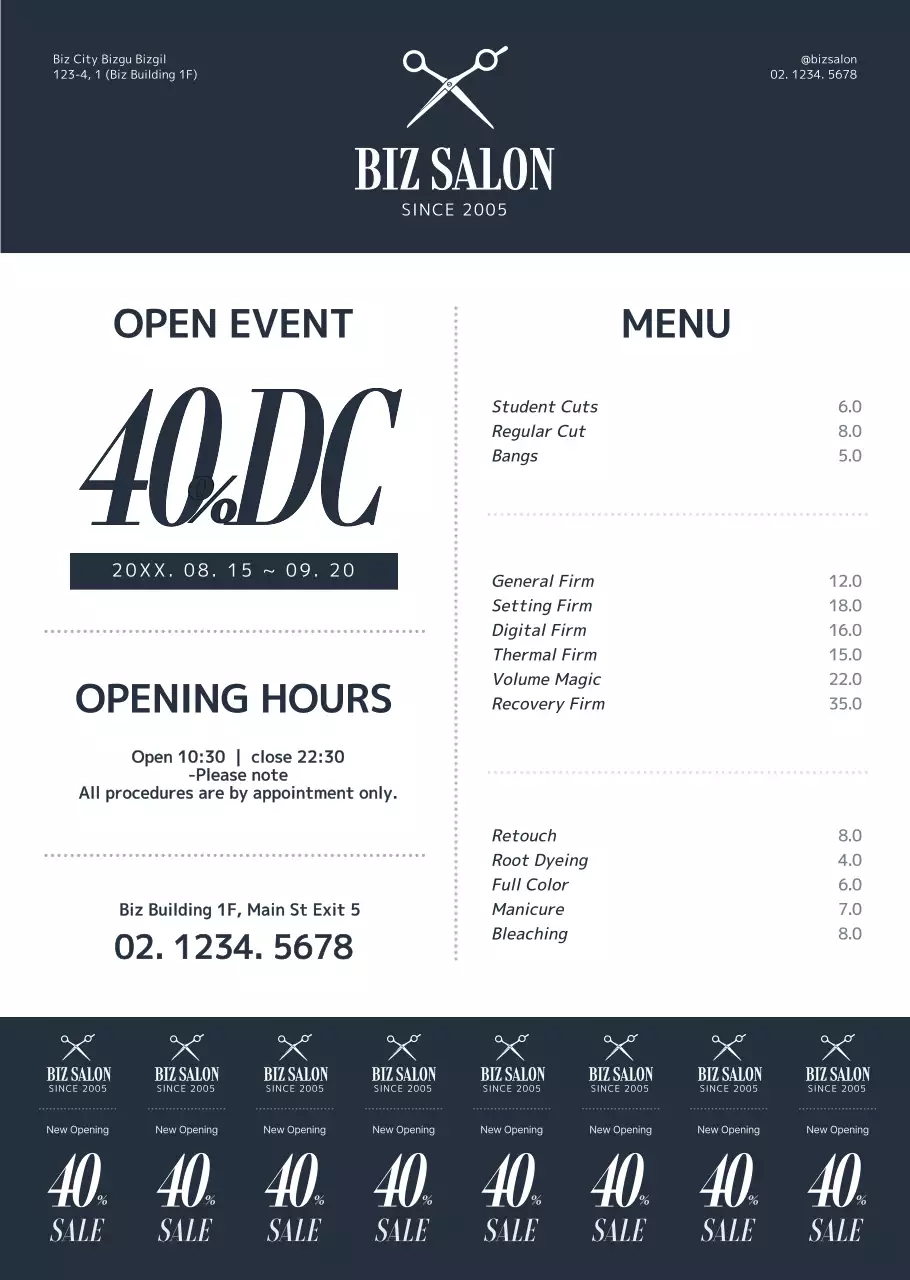 Gaya sederhana dan bersih dengan warna biru tua dan putih untuk informasi dan promosi salon.