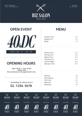 Gaya sederhana dan bersih dengan warna biru tua dan putih untuk informasi dan promosi salon.