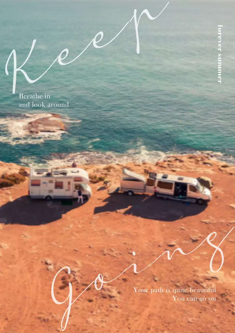 Travel-inspired interior with a camper on a beach background