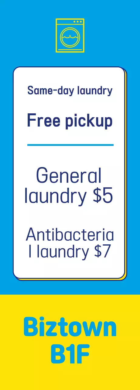 A banner for a dry cleaner with a laundry icon in yellow point color on a blue background