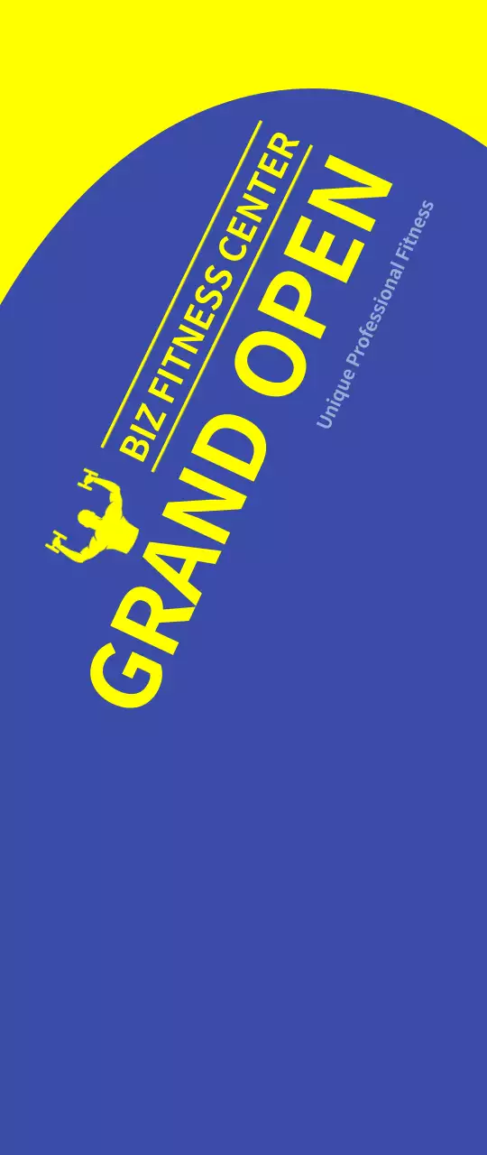 A banner promoting a gym opening with a blue background