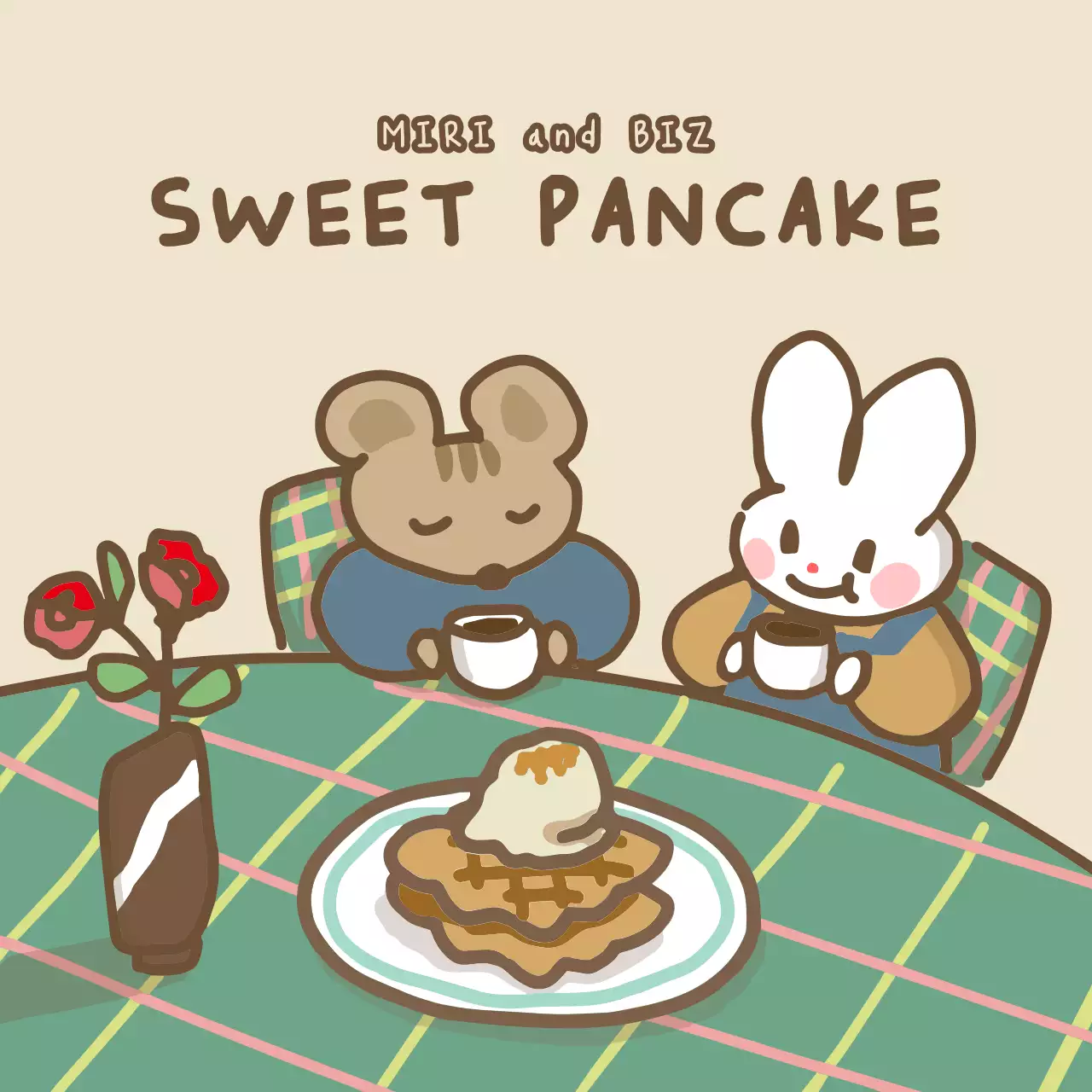 Konsep ilustrasi waktu minum teh dengan tupai dan kelinci yang lucu dengan warna kuning muda dan cokelat.