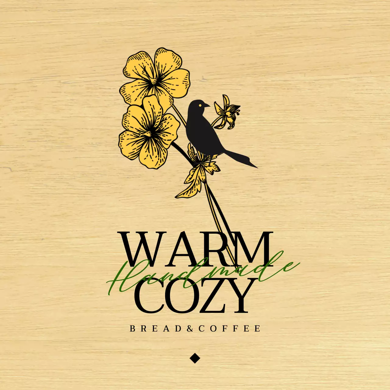 Emotional bakery cafe design with black and yellow flower and bird illustrations