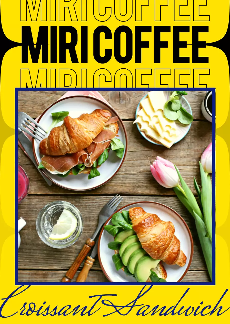 Memperkenalkan menu kafe yang ditata secara unik dengan warna kuning dan hitam