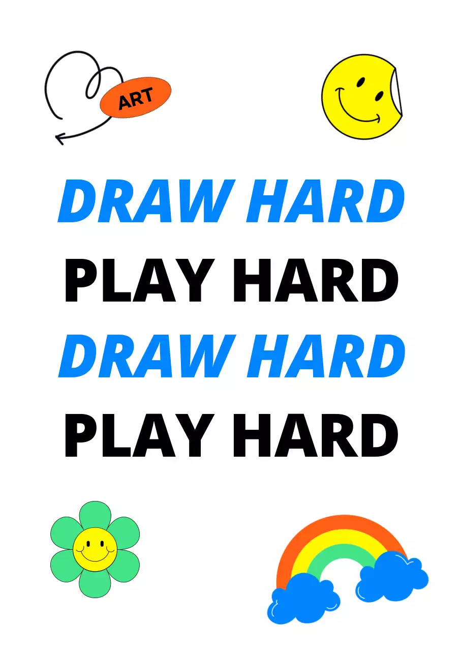 Desain promosi untuk sebuah sekolah seni, yang menampilkan berbagai stiker warna-warni.