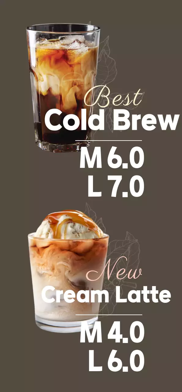 A monochromatic cafe banner with a caramel latte and cold brew in an atmospheric design on a dark background.