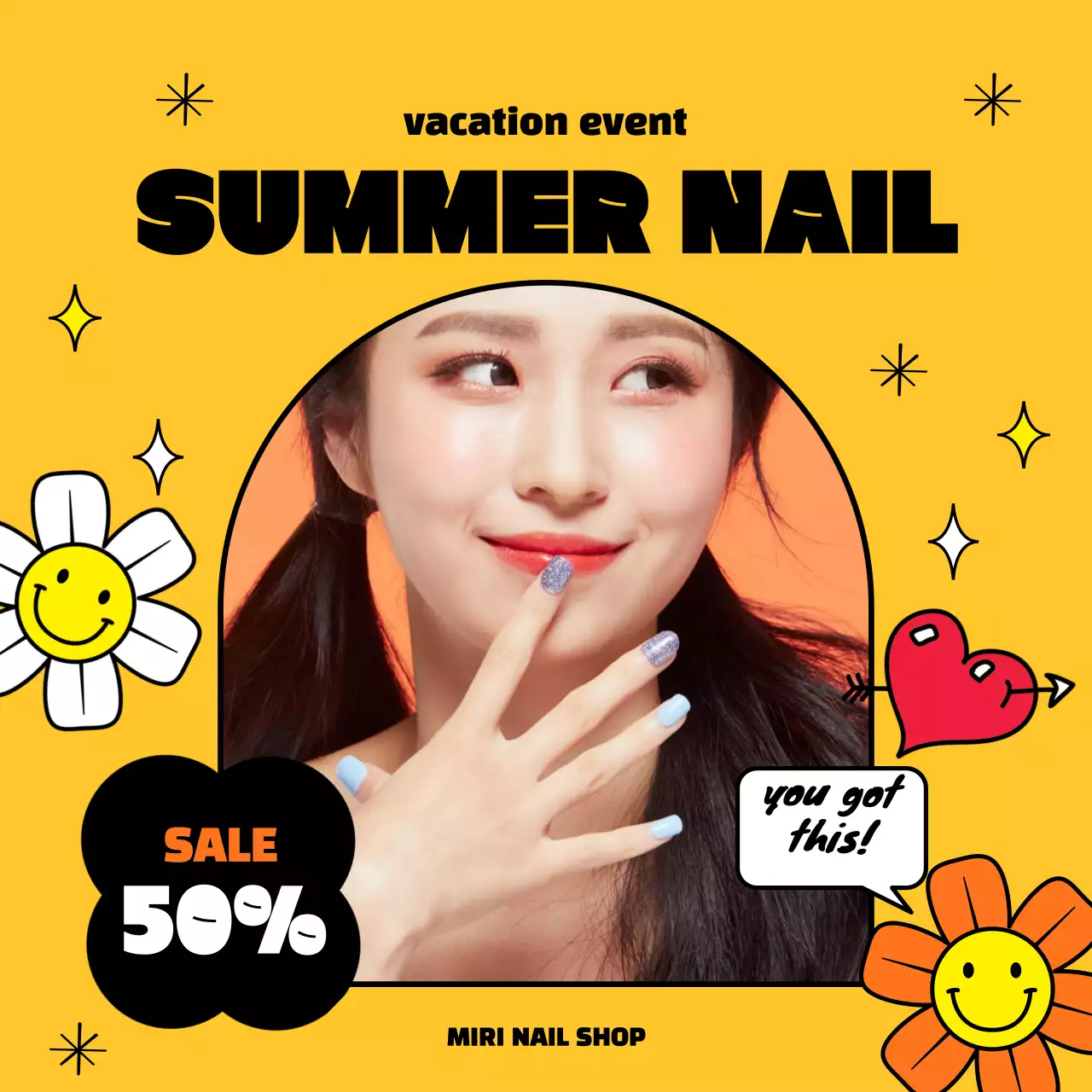 A nail sale in the form of a frame with a kitschy illustration on a yellow background.