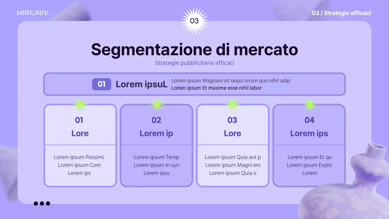Utilizzare elementi 3D su uno sfondo color malva per creare un senso di spazio e informare la strategia pubblicitaria.