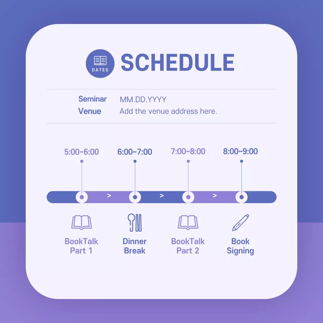 Booktalk concert card in blue and purpleNews design