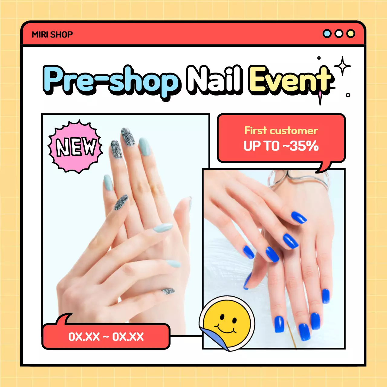 Nail art hand on yellow background