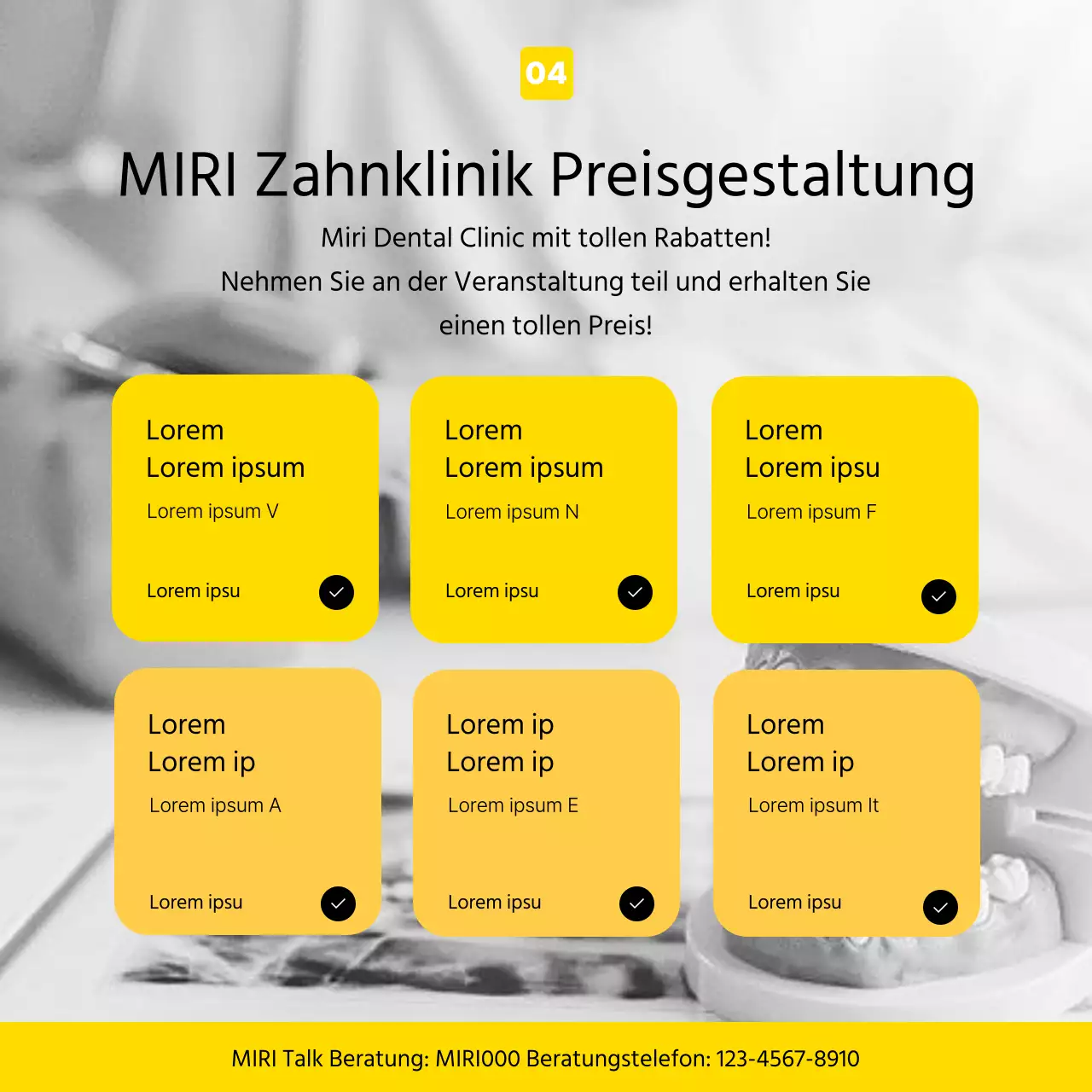 Werbung für eine moderne Zahnarztpraxis in Gelb und Grau