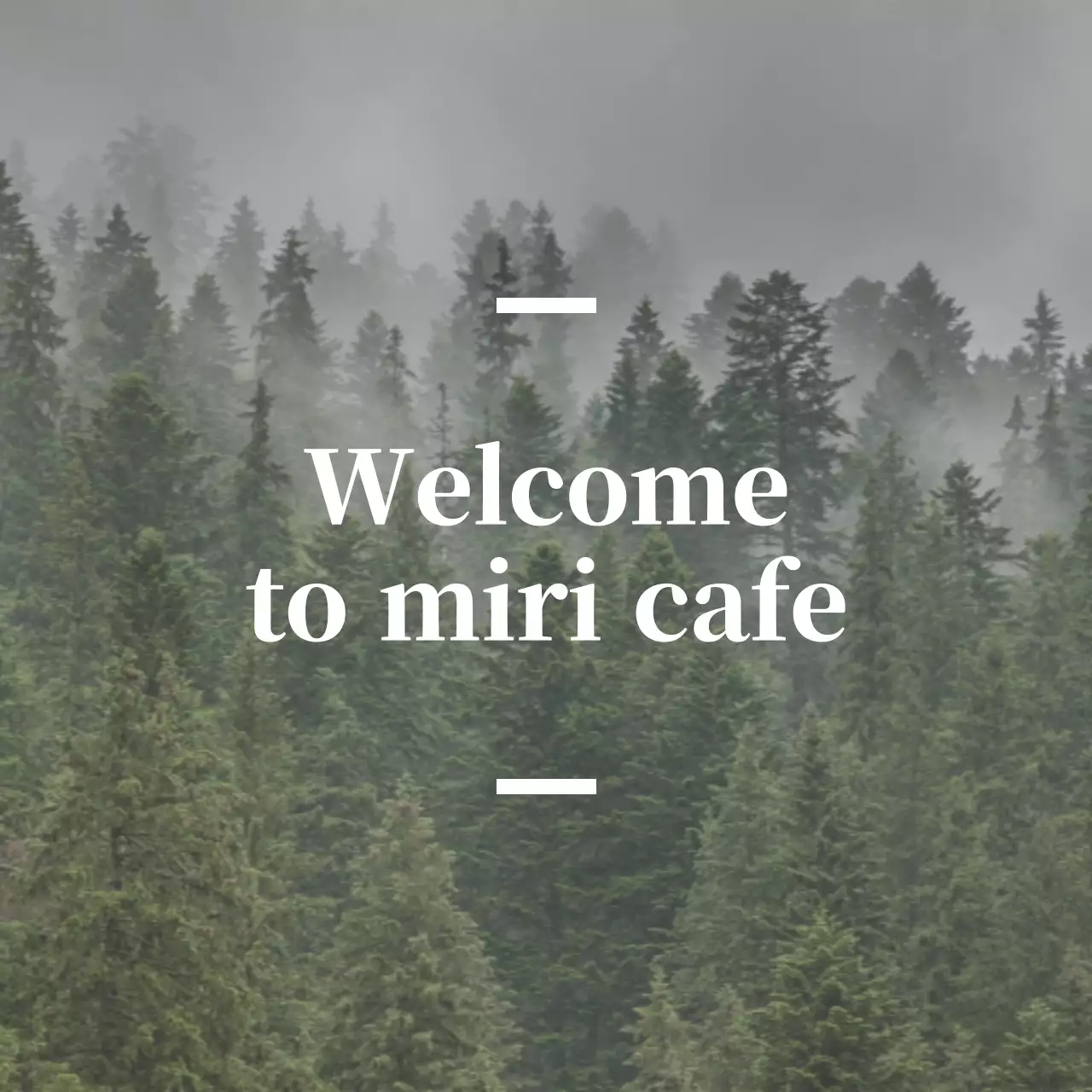 English-language cafe balsa with a sentimental sign with a forest photo in the background