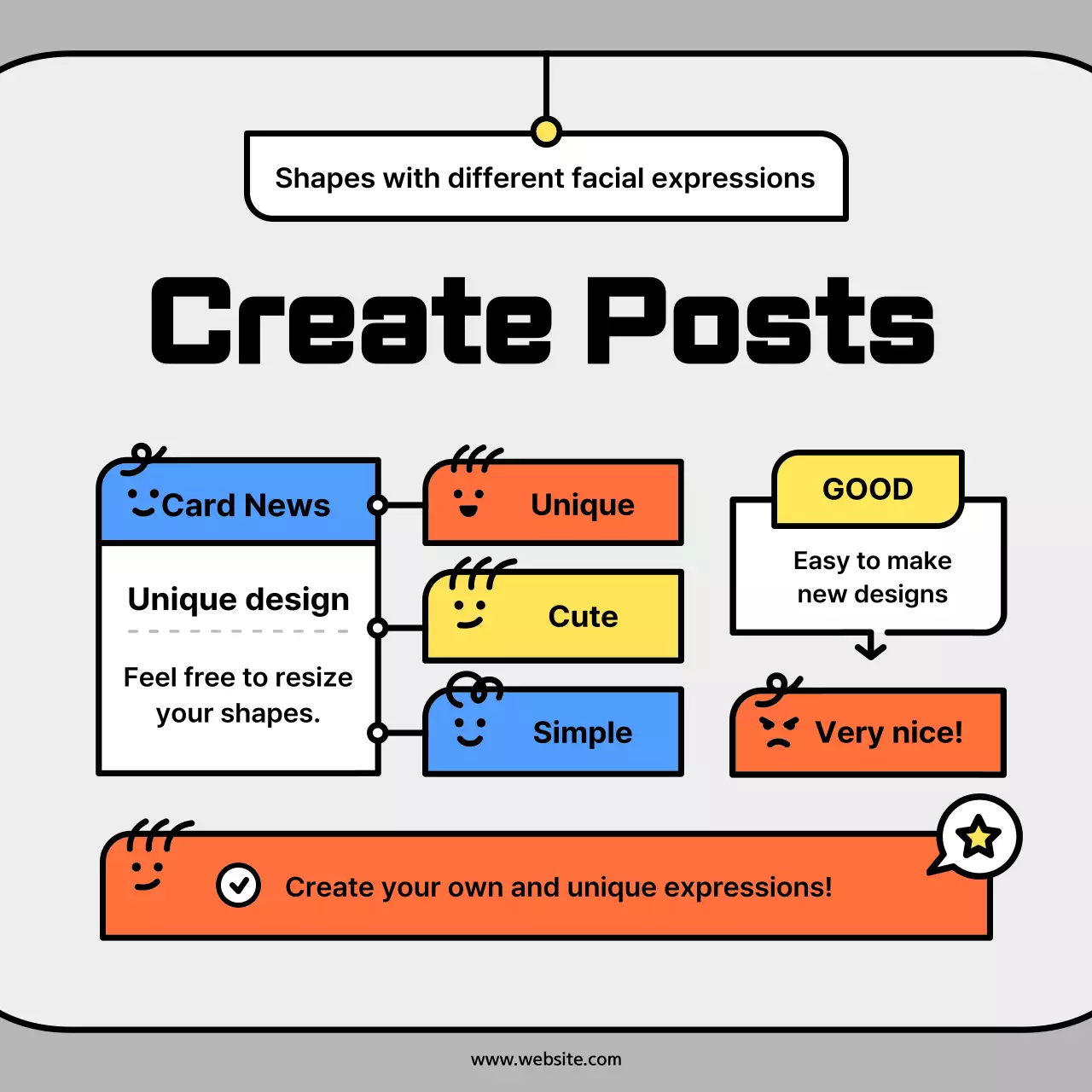 Cute character shapes in orange and blue concept cardsNews Kit