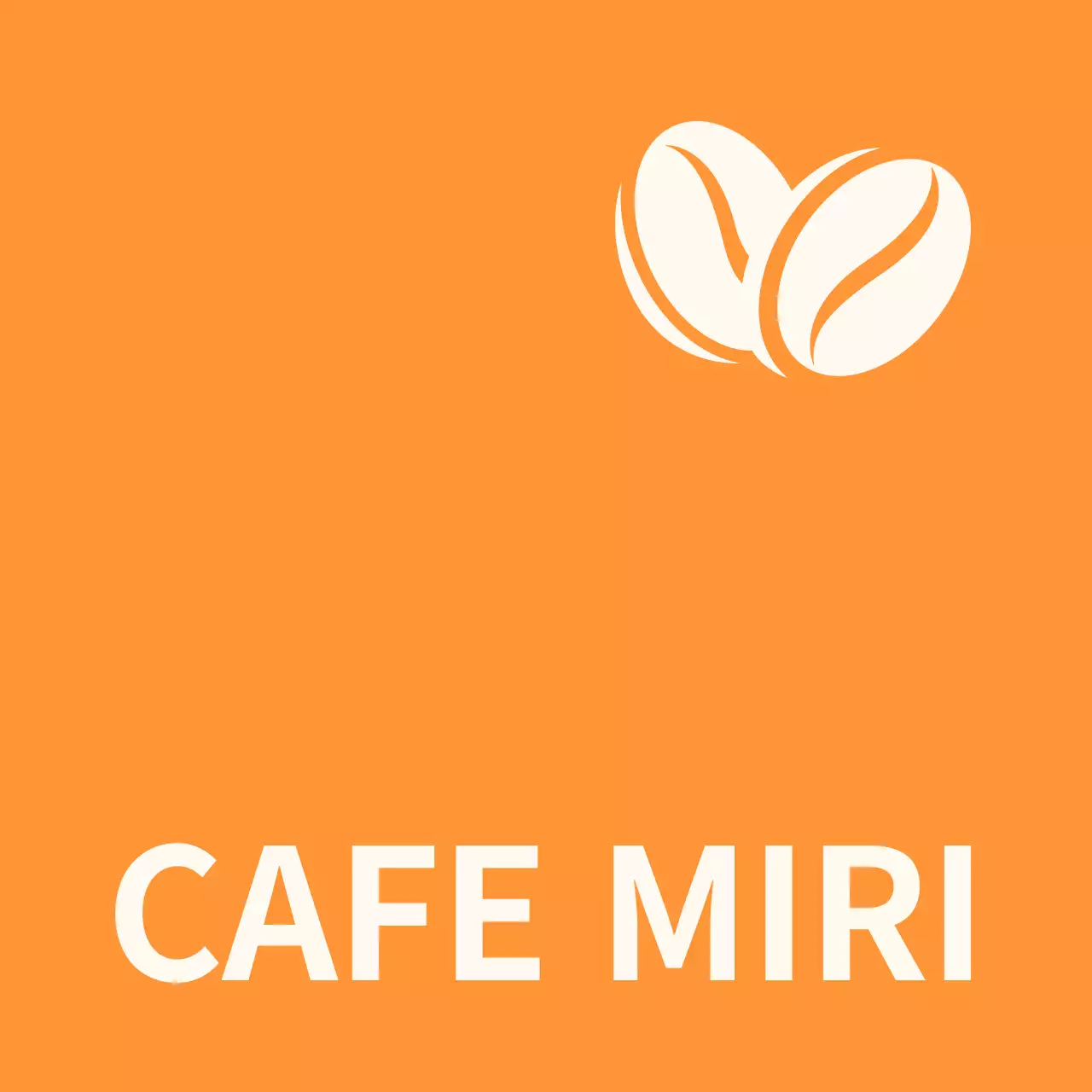 Simple storefront signage with orange-black-and-white Miricafe text and bean illustrations.
